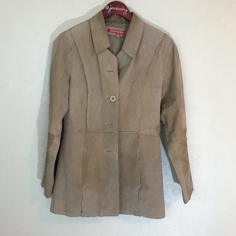 Casual longer length button front leather jacket